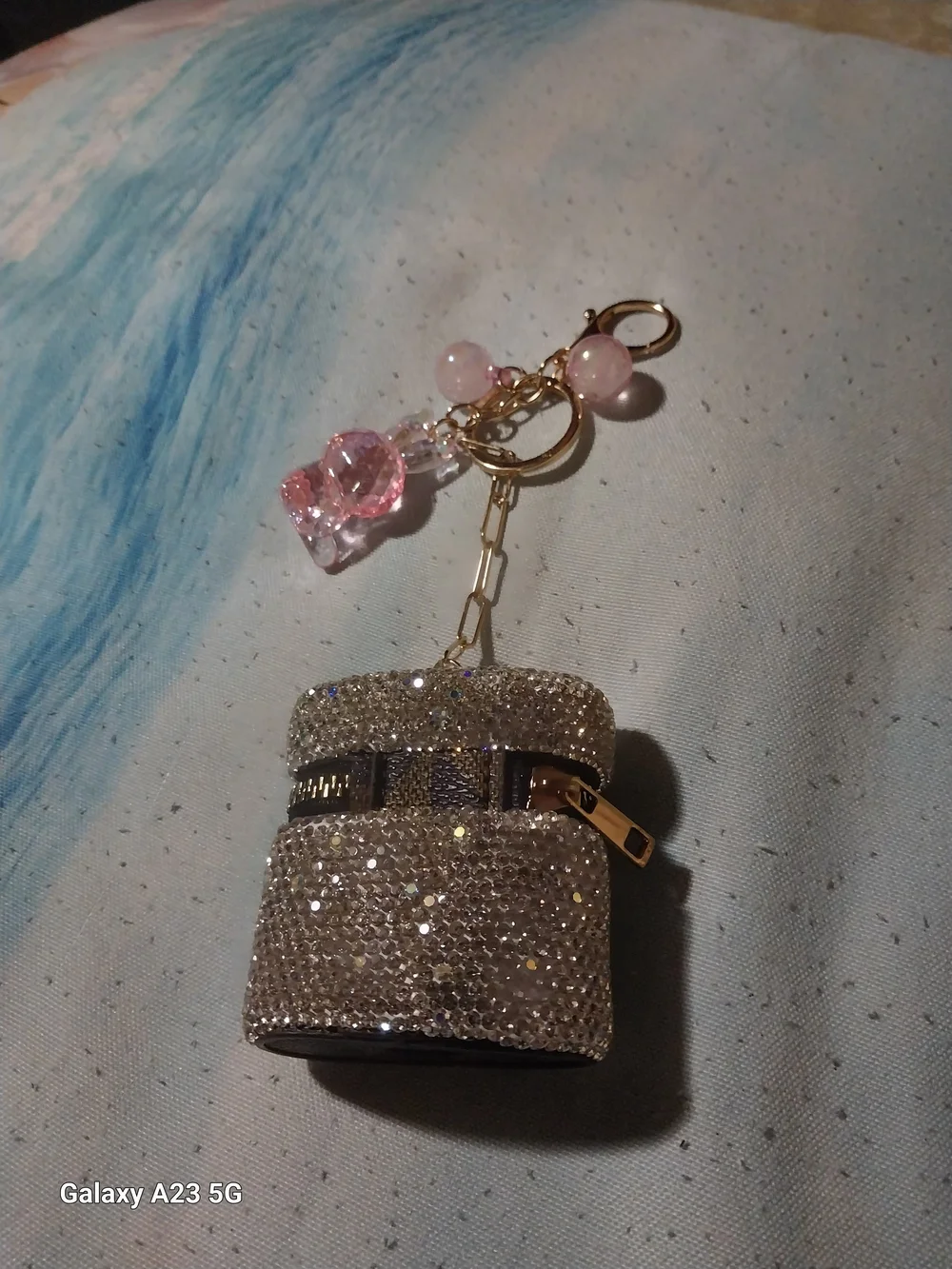 Unbranded Crystal-Embellished Ipod Ear Buds Holder Bag Charm/Keychain w/Pink